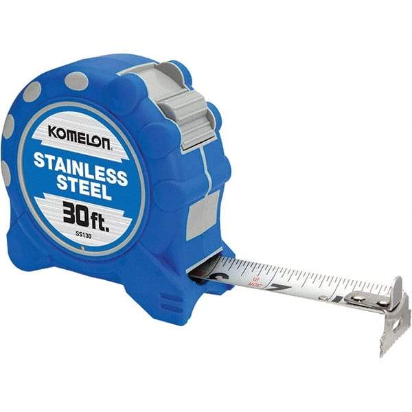 Komelon - 30' x 1" Silver Blade Tape Measure - 1/16" Graduation, Inch Graduation Style, Blue/Gray Case - Eagle Tool & Supply