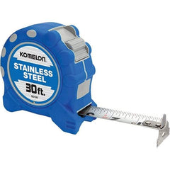 Komelon - 30' x 1" Silver Blade Tape Measure - 1/16" Graduation, Inch Graduation Style, Blue/Gray Case - Eagle Tool & Supply