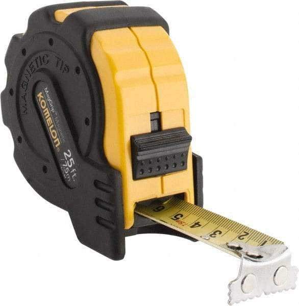 Komelon - 25' x 1" Yellow Blade Tape Measure - 1/16" & 1mm Graduation, Inch/Metric Graduation Style, Yellow/Black Case - Eagle Tool & Supply