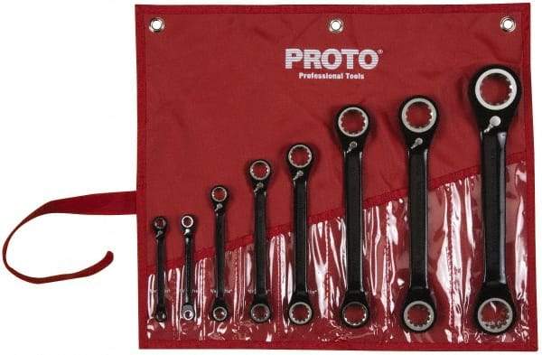 Proto - 8 Piece, 7/32" x 9/32" to 1" x 1-1/8", 12 Point Ratcheting Box Wrench Set - Inch Measurement Standard, Black/Chrome Finish, Comes in Pouch - Eagle Tool & Supply