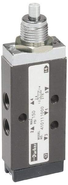 Parker - 0.20 CV Rate, 1/8" NPT Inlet Direct Air 2 Mechanical Spool Valve - 4 Way, 2 Position, 150 Max psi, Plunger Spring Return - Eagle Tool & Supply