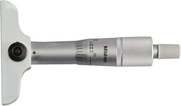 Mitutoyo - 0 to 1" Range, 1 Rod, Mechanical Depth Micrometer - Ratchet Stop Thimble, 2-1/2" Base Length, 0.01mm Graduation, 4mm Rod Diam - Eagle Tool & Supply