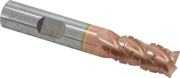 ProMax - 7/16" Diam, 1" LOC, 4 Flute Solid Carbide Roughing & Finishing Corner Radius End Mill - TiCN Finish, 2-3/4" OAL, 7/16" Shank Diam, Weldon Shank, 40° Helix, Centercutting, Regular Length - Eagle Tool & Supply