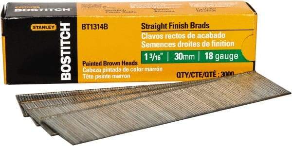 Stanley Bostitch - 18 Gauge 0.05" Shank Diam 1-3/16" Long Brad Nails for Power Nailers - Steel, Bright Finish, Ring Shank, Straight Stick Adhesive Collation, Brad Head, Chisel Point - Eagle Tool & Supply