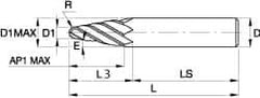 Kennametal - 6° Taper Angle per Side, 0.158" Small End Diam, 30.5mm LOC, Solid Carbide 4 Flute Tapered Ball End Mill - TiAlN/TiN/TiAlN Finish, 89mm OAL, 10mm Shank Diam, Spiral Flute, 30° Helix - Eagle Tool & Supply