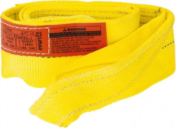 Lift-All - 6' Long x 4" Wide, 6,400 Lb Vertical Capacity, 1 Ply, Polyester Web Sling - 5,000 Lb Choker Capacity, Yellow - Eagle Tool & Supply