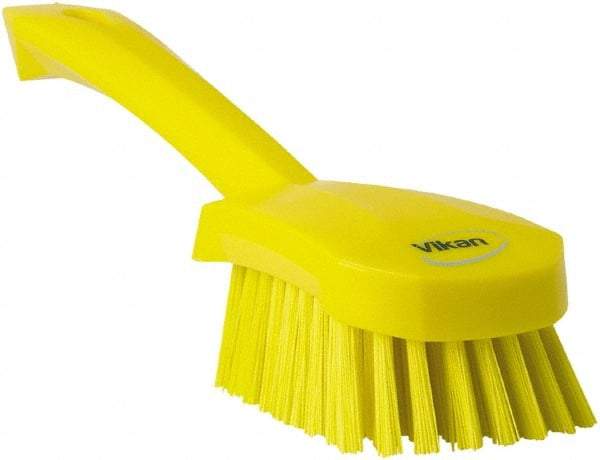 Vikan - 1.3" Bristle Length, Polyester Scrub Brush - 4-1/4" Long x 2-3/4" Wide Head, 10" OAL, Yellow, Polypropylene Block - Eagle Tool & Supply