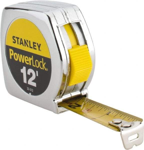 Stanley - 12' x 3/4" Yellow Blade Tape Measure - 1/32 & 1/16" Graduation, Inch Graduation Style, Silver Case - Eagle Tool & Supply