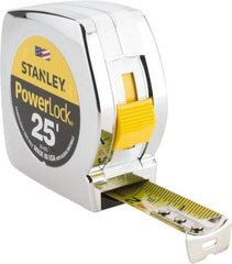 Stanley - 25' x 1" Yellow Blade Tape Measure - 1/16" Graduation, Inch Graduation Style, Silver Case - Eagle Tool & Supply