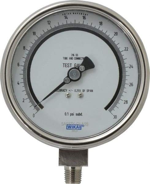 Wika - 4" Dial, 1/4 Thread, 0-30 Scale Range, Pressure Gauge - Lower Connection Mount, Accurate to 0.25% of Scale - Eagle Tool & Supply