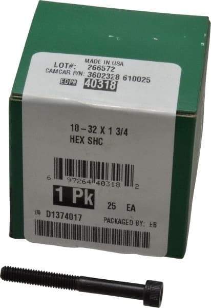 Made in USA - #10-32 UNF Hex Socket Drive, Socket Cap Screw - Alloy Steel, Black Oxide Finish, Partially Threaded, 1-3/4" Length Under Head - Eagle Tool & Supply