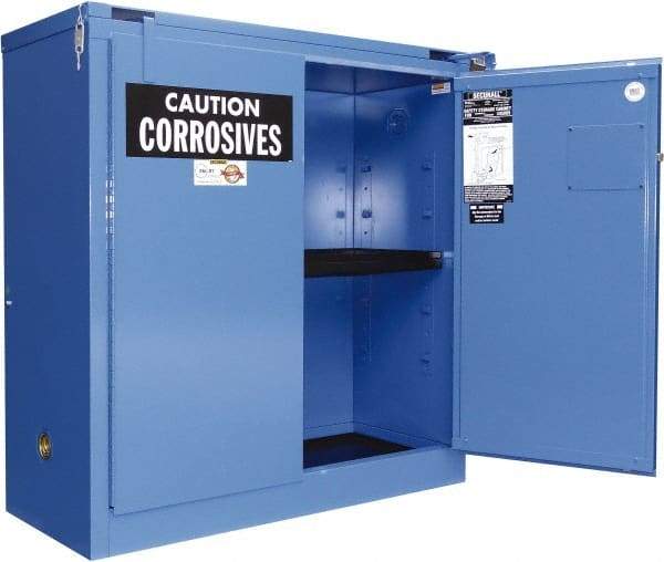 Securall Cabinets - 2 Door, 2 Shelf, Blue Steel Standard Safety Cabinet for Corrosive Chemicals - 67" High x 43" Wide x 18" Deep, Self Closing Door, 3 Point Key Lock, 45 Gal Capacity - Eagle Tool & Supply