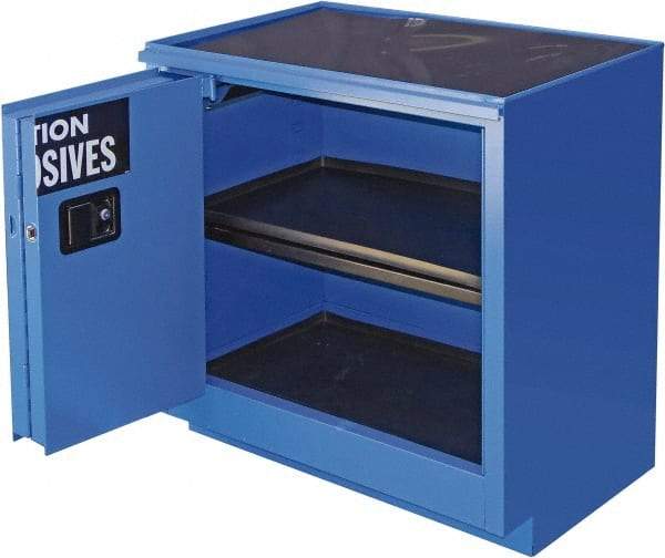 Securall Cabinets - 2 Door, 1 Shelf, Blue Steel Standard Safety Cabinet for Corrosive Chemicals - 36" High x 35" Wide x 22" Deep, Sliding Door, 3 Point Key Lock, 24 Gal Capacity - Eagle Tool & Supply