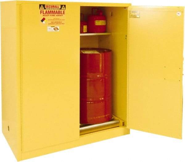 Securall Cabinets - 56" Wide x 31" Deep x 65" High, 18 Gauge Steel Vertical Drum Cabinet with 3 Point Key Lock - Yellow, Manual Closing Door, 1 Shelf, 2 Drums, Drum Rollers Included - Eagle Tool & Supply