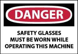 NMC - Accident Prevention Label, Header: DANGER - Legend: Danger - Safety Glasses Must Be Worn While Operating This Machine, English, Red, Black & White, 5" Long x 3" High, Sign Muscle Finish - Eagle Tool & Supply