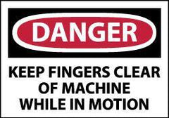 NMC - Accident Prevention Label, Header: DANGER - Legend: Danger - Keep Fingers Clear of Machine While in Motion, English, Red, Black & White, 5" Long x 3" High, Sign Muscle Finish - Eagle Tool & Supply