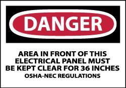 NMC - Accident Prevention Label, Header: DANGER - Legend: Danger - Area in Front of This Electrical Panel Must Be Kept Clear for 36 Inches OSHA-NEC Regulations, English, Red, Black & White, 5" Long x 3" High, Sign Muscle Finish - Eagle Tool & Supply