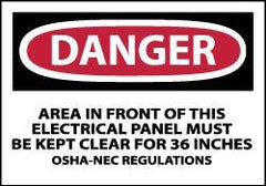 NMC - Accident Prevention Label, Header: DANGER - Legend: Danger - Area in Front of This Electrical Panel Must Be Kept Clear for 36 Inches OSHA-NEC Regulations, English, Red, Black & White, 5" Long x 3" High, Sign Muscle Finish - Eagle Tool & Supply