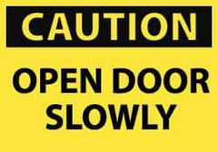 NMC - Caution - Open Door Slowly, Pressure Sensitive Vinyl Fire and Exit Sign - 5" Wide x 3" High - Eagle Tool & Supply