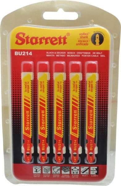 Starrett - 3" Long, 14 Teeth per Inch, Bi-Metal Jig Saw Blade - Toothed Edge, 5/16" Wide x 0.04" Thick, U-Shank, Wavy Tooth Set - Eagle Tool & Supply