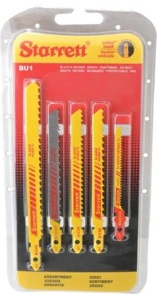 Starrett - 5 Piece, 3" to 5" Long, 6 to 14 Teeth per Inch, Bi-Metal Jig Saw Blade Set - Toothed Edge, 3/16" to 3/8" Wide, 0.04" to 0.05" Thick, U-Shank - Eagle Tool & Supply