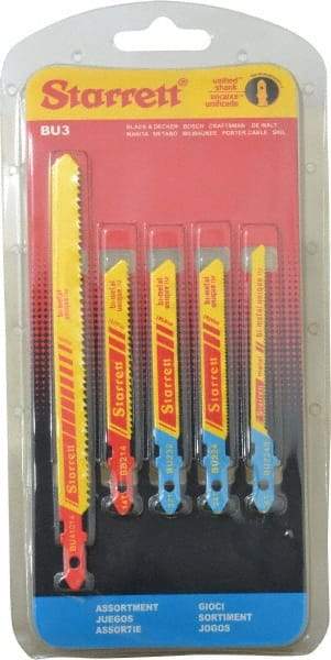 Starrett - 5 Piece, 3" to 5" Long, 10-14 to 32 Teeth per Inch, Bi-Metal Jig Saw Blade Set - Toothed Edge, 3/16" to 3/8" Wide, 0.04" to 0.04" Thick, U-Shank - Eagle Tool & Supply