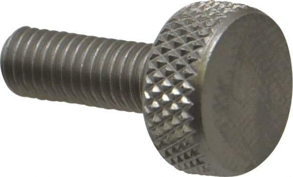 Electro Hardware - #10-32 Knurled Shoulderless Grade 303 Stainless Steel Thumb Screw - 3/4" OAL, 7/16" Head Diam x 3/16" Head Height, Uncoated - Eagle Tool & Supply