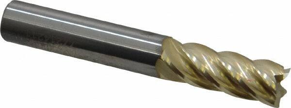 Accupro - 3/8", 1" LOC, 3/8" Shank Diam, 2-1/2" OAL, 5 Flute, Solid Carbide Square End Mill - Single End, ZrN Finish, Spiral Flute, 37° Helix, Centercutting, Right Hand Cut, Right Hand Flute - Eagle Tool & Supply