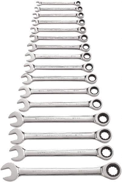 GearWrench - 16 Piece, 8mm to 24mm, 12 Point Combination Wrench Set - Metric Measurement Standard, Full Polish Chrome Finish - Eagle Tool & Supply