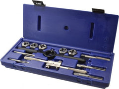 Tap & Die Set: 1/4-20 to 1/2-13 Taps, 1/4-20 to 1/2-13 Dies, UNC Carbon Steel, Bright Finish, 1″ Hex Dies, Plug, 12 Pc