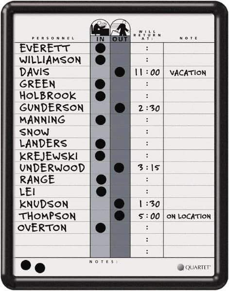 Quartet - 14" High x 11" Wide Magnetic Dry Erase In/Out - Porcelain, Includes Water-Soluble Ink Marker, Magnetic In/Out Circles, Magnetic Name Strips, Self-Stick Vinyl Letters & Wet-Erase Magnetic Remark Strips - Eagle Tool & Supply