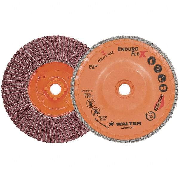 WALTER Surface Technologies - 40 Grit, 5" Disc Diam, 5/8-11 Center Hole, Zirconia Alumina Flap Disc - 13,300 Max RPM, Plastic Backing, Arbor Attaching System, Coated - Eagle Tool & Supply