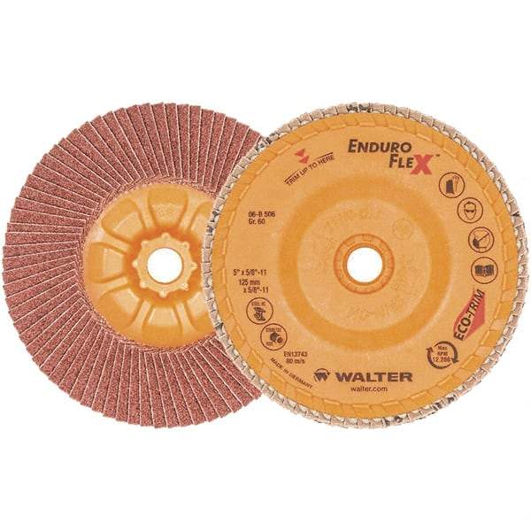 WALTER Surface Technologies - 60 Grit, 5" Disc Diam, 5/8-11 Center Hole, Zirconia Alumina Flap Disc - 13,300 Max RPM, Plastic Backing, Arbor Attaching System, Coated - Eagle Tool & Supply