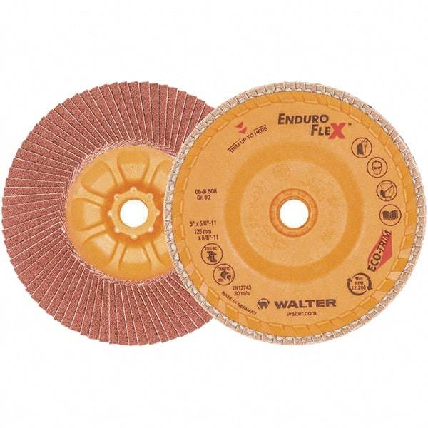WALTER Surface Technologies - 80 Grit, 5" Disc Diam, 5/8-11 Center Hole, Zirconia Alumina Flap Disc - 13,300 Max RPM, Plastic Backing, Arbor Attaching System, Coated - Eagle Tool & Supply
