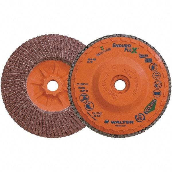WALTER Surface Technologies - 40 Grit, 5" Disc Diam, 5/8-11 Center Hole, Zirconia Alumina Flap Disc - 8,600 Max RPM, Plastic Backing, Arbor Attaching System, Coated - Eagle Tool & Supply