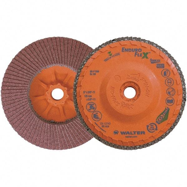 WALTER Surface Technologies - 60 Grit, 5" Disc Diam, 5/8-11 Center Hole, Zirconia Alumina Flap Disc - 8,600 Max RPM, Plastic Backing, Arbor Attaching System, Coated - Eagle Tool & Supply