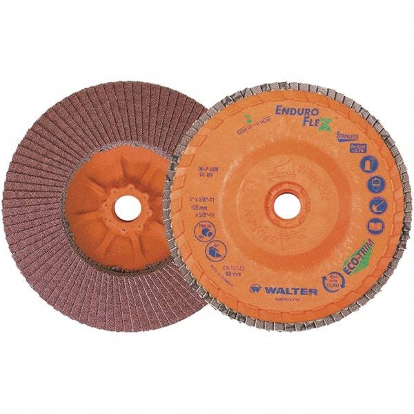 WALTER Surface Technologies - 80 Grit, 5" Disc Diam, 5/8-11 Center Hole, Zirconia Alumina Flap Disc - 8,600 Max RPM, Plastic Backing, Arbor Attaching System, Coated - Eagle Tool & Supply