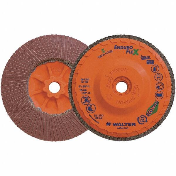 WALTER Surface Technologies - 120 Grit, 5" Disc Diam, 5/8-11 Center Hole, Zirconia Alumina Flap Disc - 8,600 Max RPM, Plastic Backing, Arbor Attaching System, Coated - Eagle Tool & Supply