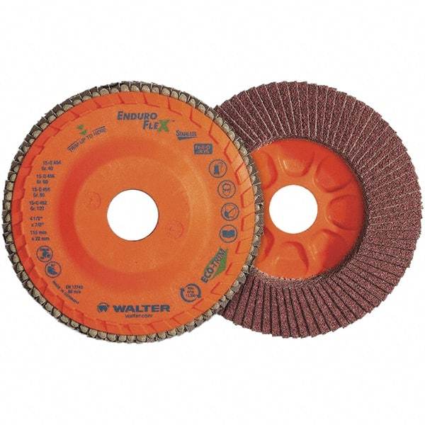 WALTER Surface Technologies - 60 Grit, 4-1/2" Disc Diam, 7/8" Center Hole, Zirconia Alumina Flap Disc - 13,300 Max RPM, Plastic Backing, Arbor Attaching System, Coated - Eagle Tool & Supply