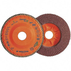 WALTER Surface Technologies - 60 Grit, 4-1/2" Disc Diam, 7/8" Center Hole, Zirconia Alumina Flap Disc - 13,300 Max RPM, Plastic Backing, Arbor Attaching System, Coated - Eagle Tool & Supply
