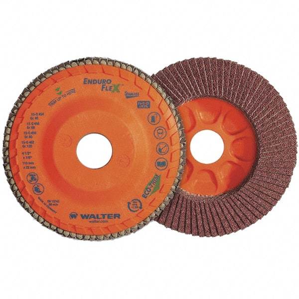 WALTER Surface Technologies - 80 Grit, 4-1/2" Disc Diam, 7/8" Center Hole, Zirconia Alumina Flap Disc - 13,300 Max RPM, Plastic Backing, Arbor Attaching System, Coated - Eagle Tool & Supply