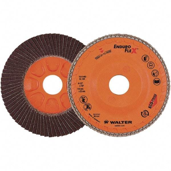 WALTER Surface Technologies - 120 Grit, 4-1/2" Disc Diam, 7/8" Center Hole, Zirconia Alumina Flap Disc - 13,300 Max RPM, Plastic Backing, Arbor Attaching System, Coated - Eagle Tool & Supply