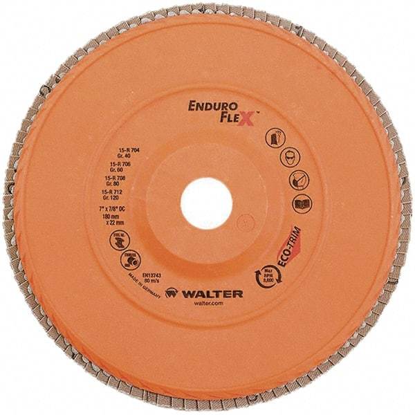 WALTER Surface Technologies - 120 Grit, 7" Disc Diam, 7/8" Center Hole, Zirconia Alumina Flap Disc - 8,600 Max RPM, Plastic Backing, Arbor Attaching System, Coated - Eagle Tool & Supply