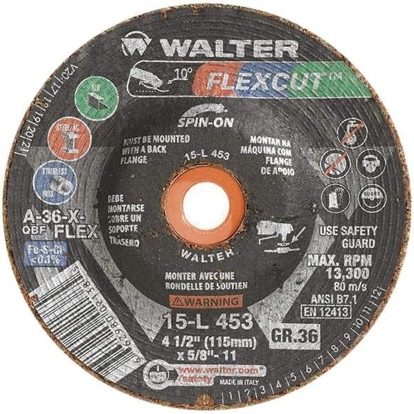 WALTER Surface Technologies - 4-1/2" Diam x 5/8" Hole, 36 Grit Surface Grinding Wheel - Aluminum Oxide, Very Coarse Grade, 13,300 Max RPM - Eagle Tool & Supply