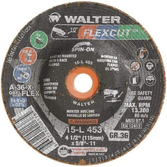 WALTER Surface Technologies - 4-1/2" Diam x 5/8" Hole, 36 Grit Surface Grinding Wheel - Aluminum Oxide, Very Coarse Grade, 13,300 Max RPM - Eagle Tool & Supply