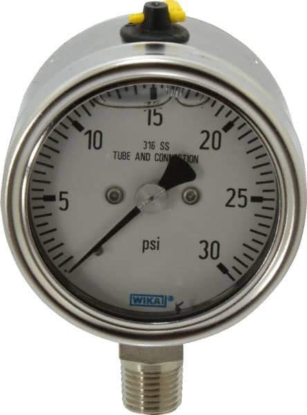 Wika - 2-1/2" Dial, 1/4 Thread, 30 Scale Range, Pressure Gauge - Lower Connection Mount, Accurate to 2-1-2% of Scale - Eagle Tool & Supply