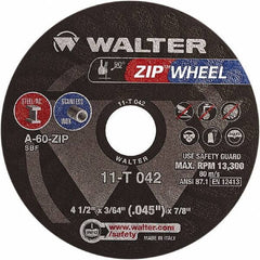 WALTER Surface Technologies - 4-1/2" 60 Grit Aluminum Oxide Cutoff Wheel - 3/64" Thick, 7/8" Arbor, 13,300 Max RPM, Use with Angle Grinders - Eagle Tool & Supply