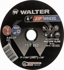 WALTER Surface Technologies - 6" 60 Grit Aluminum Oxide Cutoff Wheel - 3/64" Thick, 7/8" Arbor, 10,200 Max RPM, Use with Angle Grinders - Eagle Tool & Supply