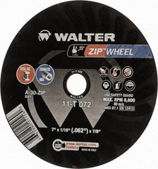 WALTER Surface Technologies - 7" 30 Grit Aluminum Oxide Cutoff Wheel - 1/16" Thick, 7/8" Arbor, 8,600 Max RPM, Use with Angle Grinders - Eagle Tool & Supply