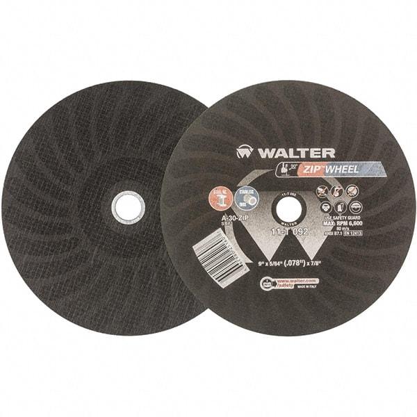 WALTER Surface Technologies - 9" 30 Grit Aluminum Oxide Cutoff Wheel - 5/64" Thick, 7/8" Arbor, 6,800 Max RPM, Use with Angle Grinders - Eagle Tool & Supply